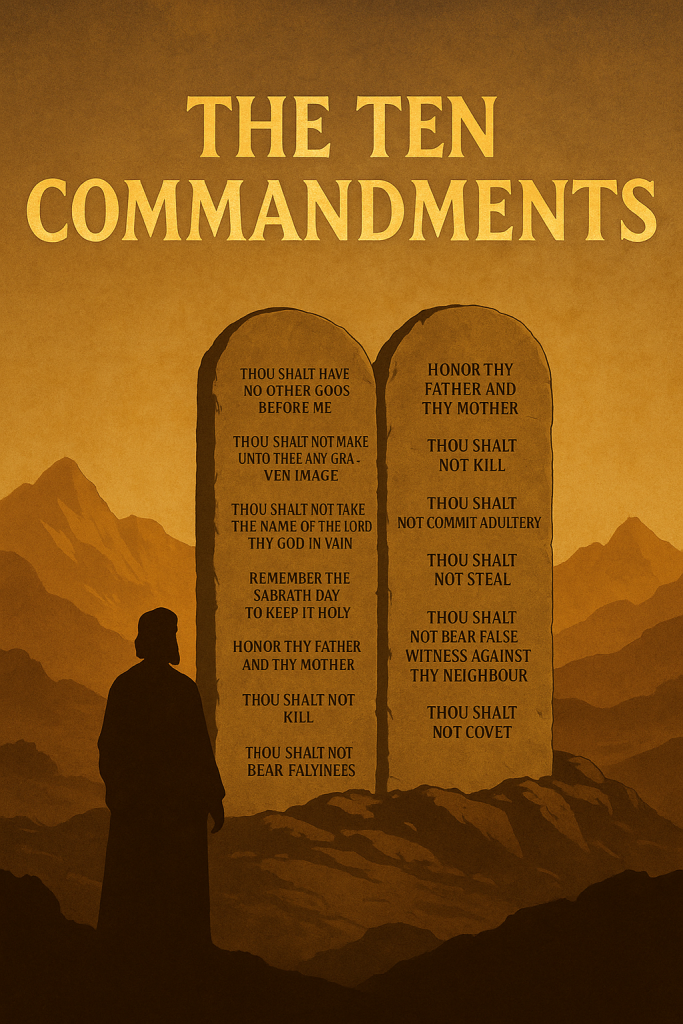 A digital artwork depicting the Ten Commandments on stone tablets, standing in a serene biblical setting. A cloaked figure stands before the rugged stone tablets engraved with the commandments, while the backdrop features rolling hills and towering mountains bathed in soft golden light. The scene symbolizes divine law and the solemnity of God’s commandments, with the figure in a moment of reverence or reflection