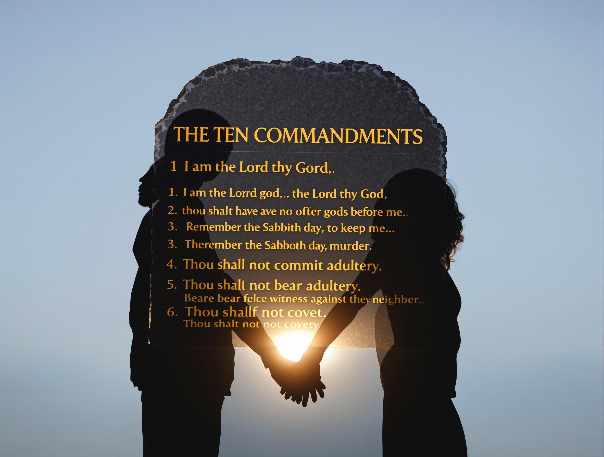 An illustration depicting the Ten Commandments written on a single stone tablet in English. A man and a woman stand back to back, facing away from each other, with the tablet placed between them. The scene is set against a serene sunrise, symbolizing reverence and reflection.